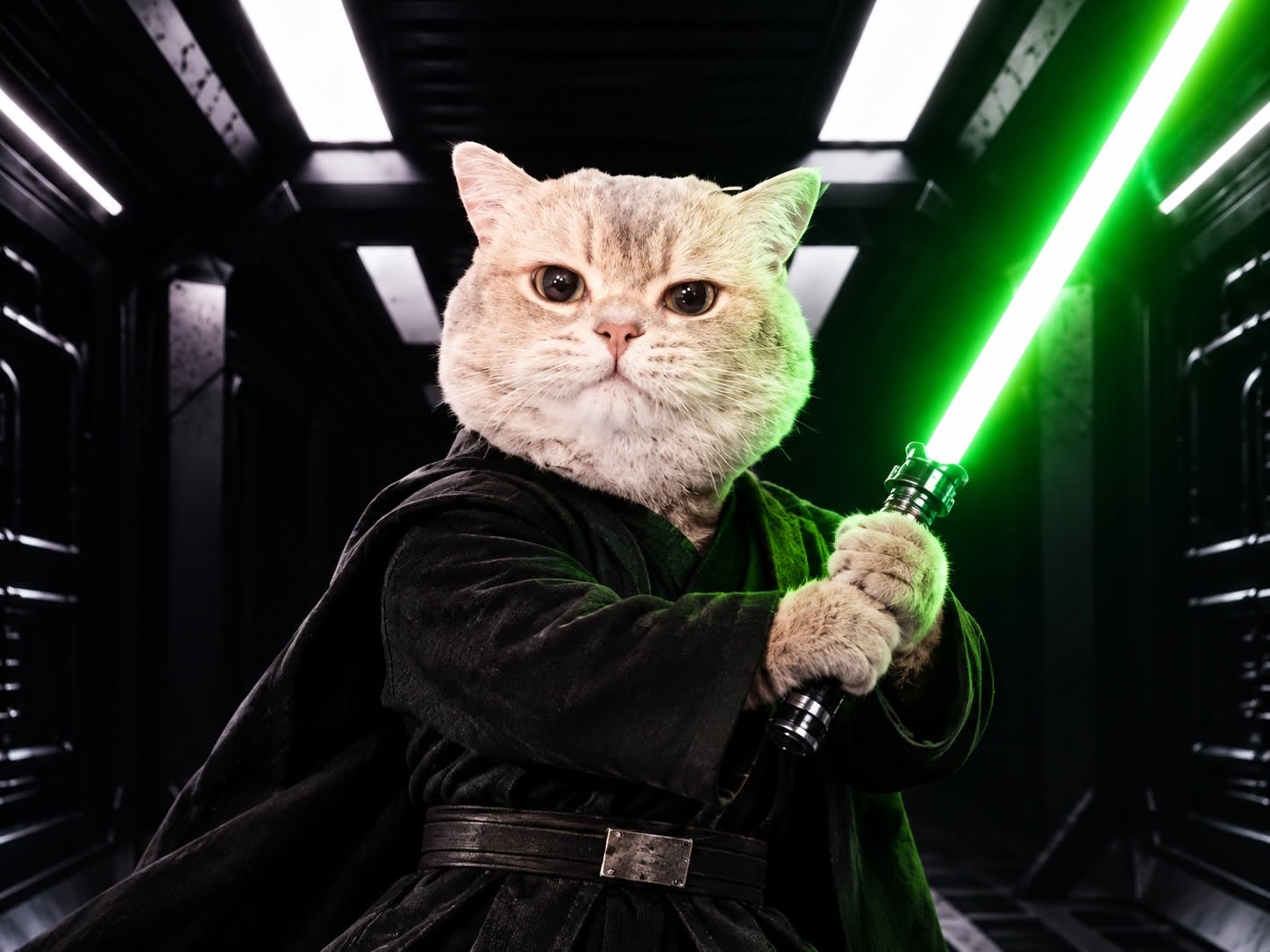 Commander Vrax, Commander-in-Chief of Robinhood, in command robes with a green energy blade